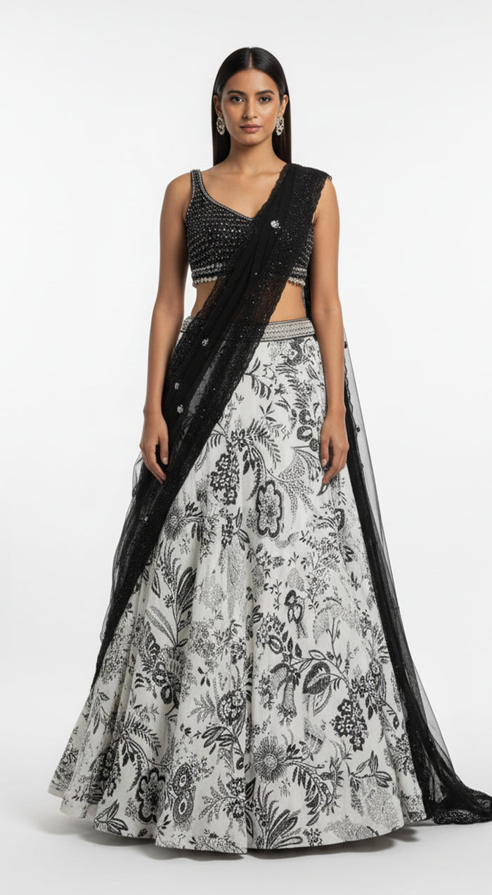 White Crepe Embroidered Lehenga Set