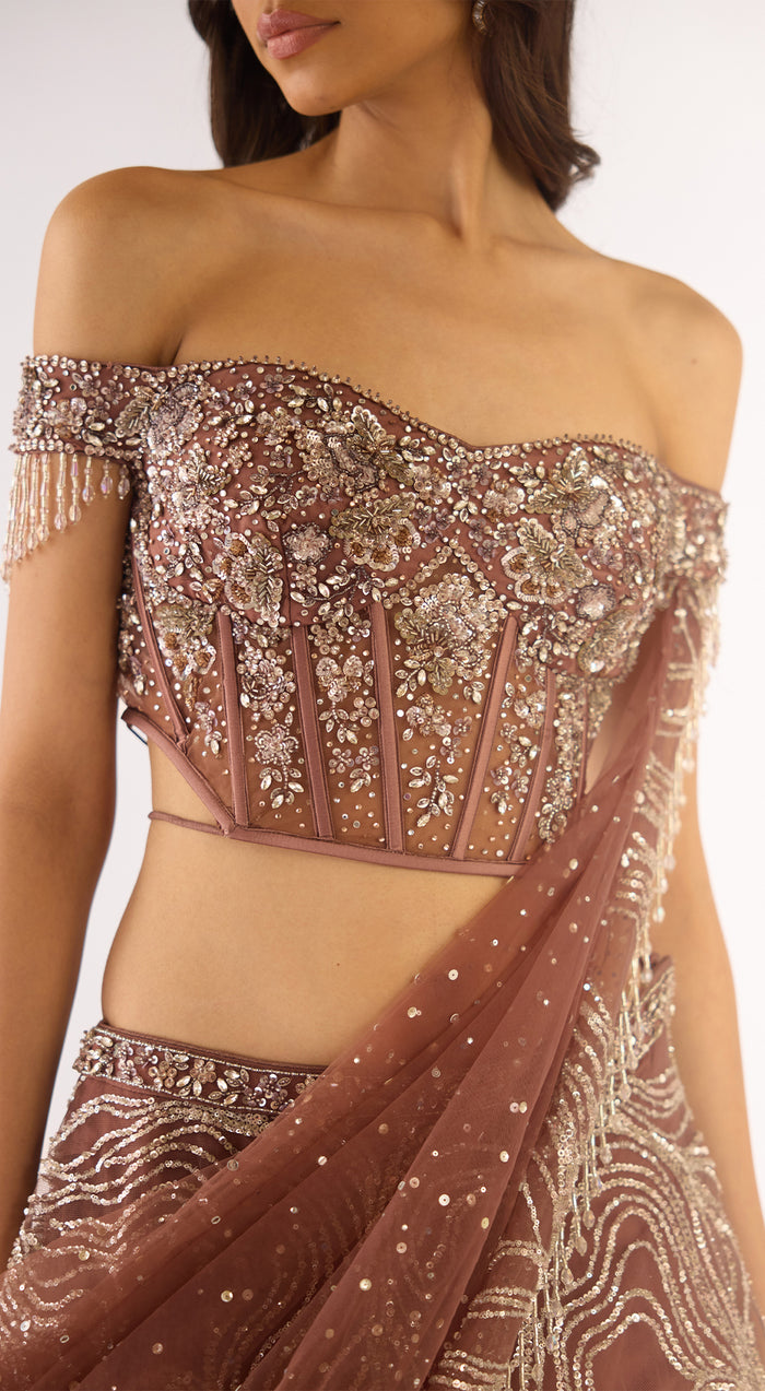 Brown Soft Net Embroidered Lehenga Set