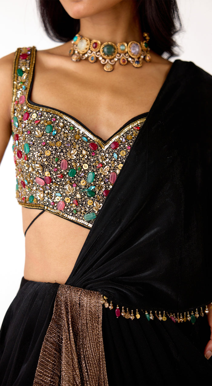 Black Lycra Embroidered Draped Saree