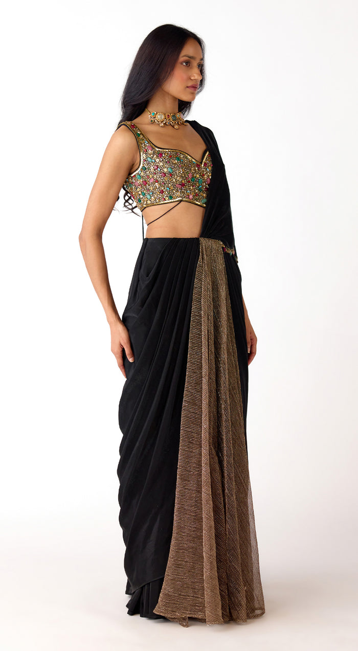 Black Lycra Embroidered Draped Saree