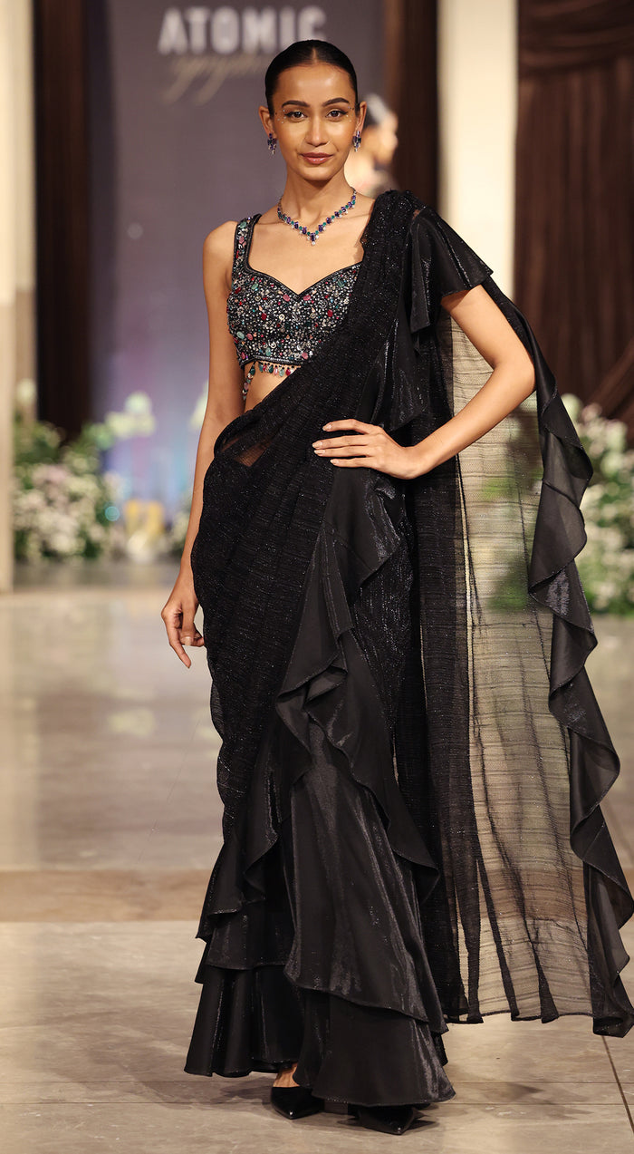 Black Lycra Embroidered Draped Saree