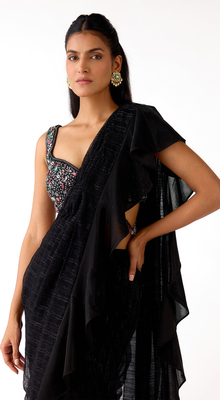 Black Lycra Embroidered Draped Saree