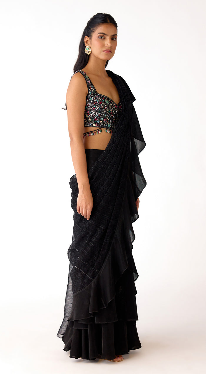 Black Lycra Embroidered Draped Saree