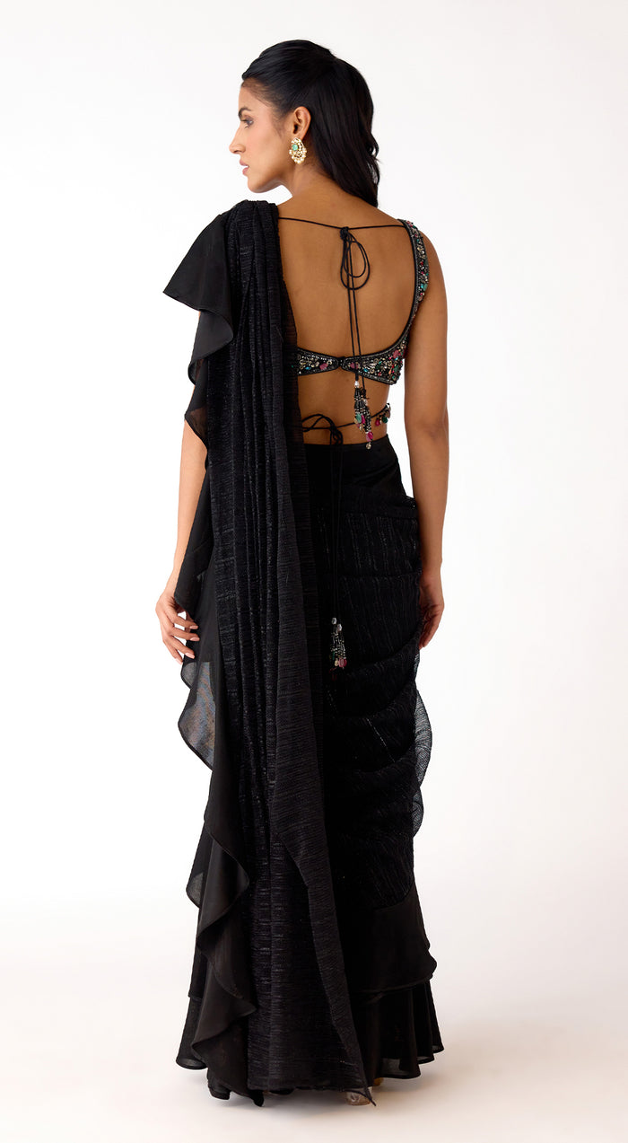 Black Lycra Embroidered Draped Saree