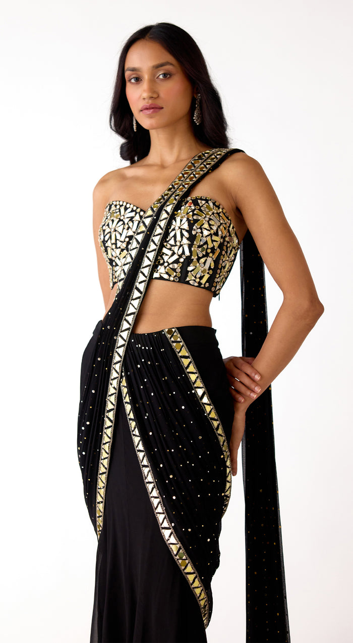 Black Mukaish Georgette Embroidered Saree Set
