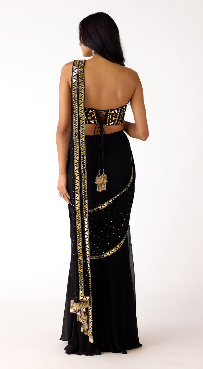 Black Mukaish Georgette Embroidered Saree Set