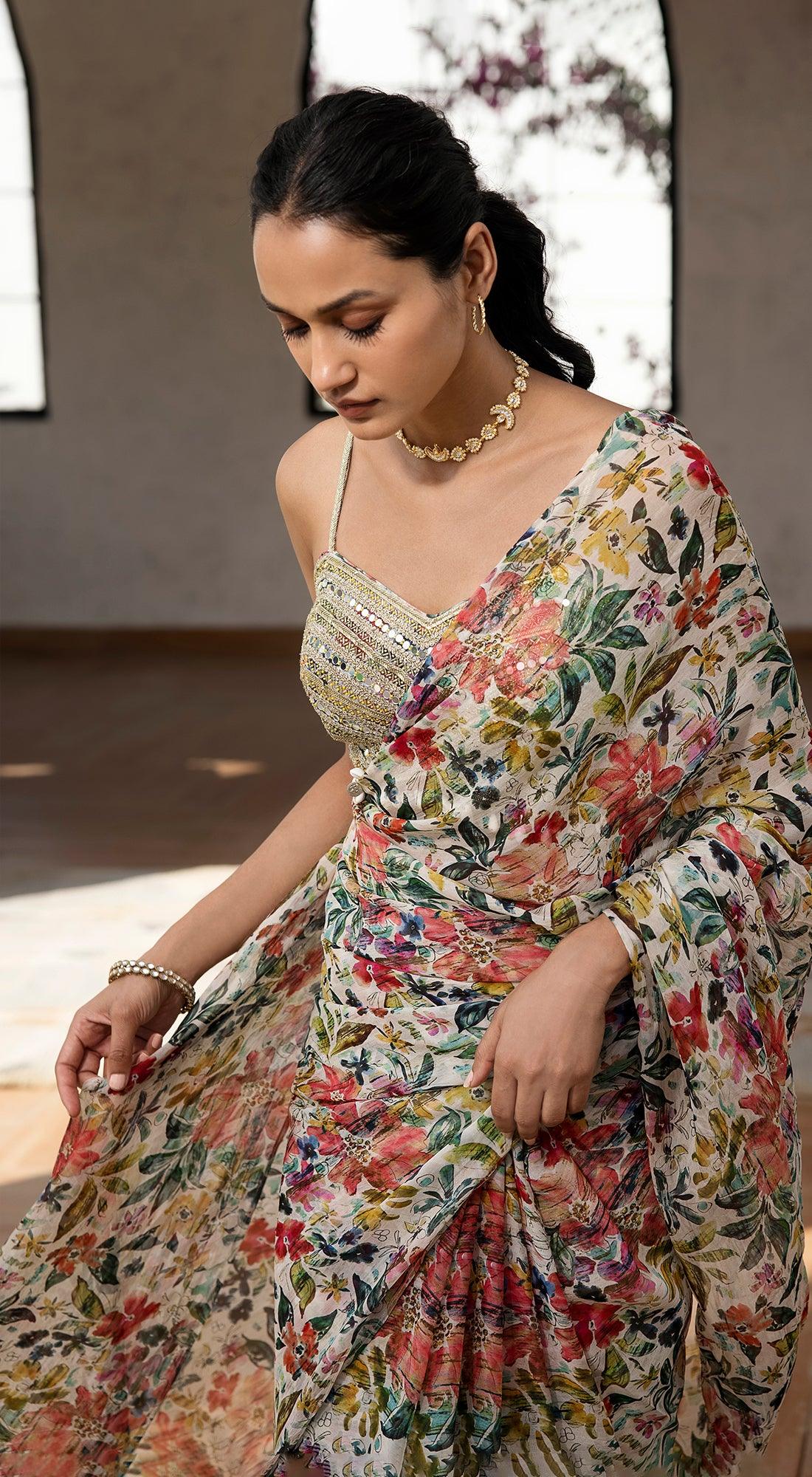 Floral Print Saree - Basanti Kapde aur Koffee