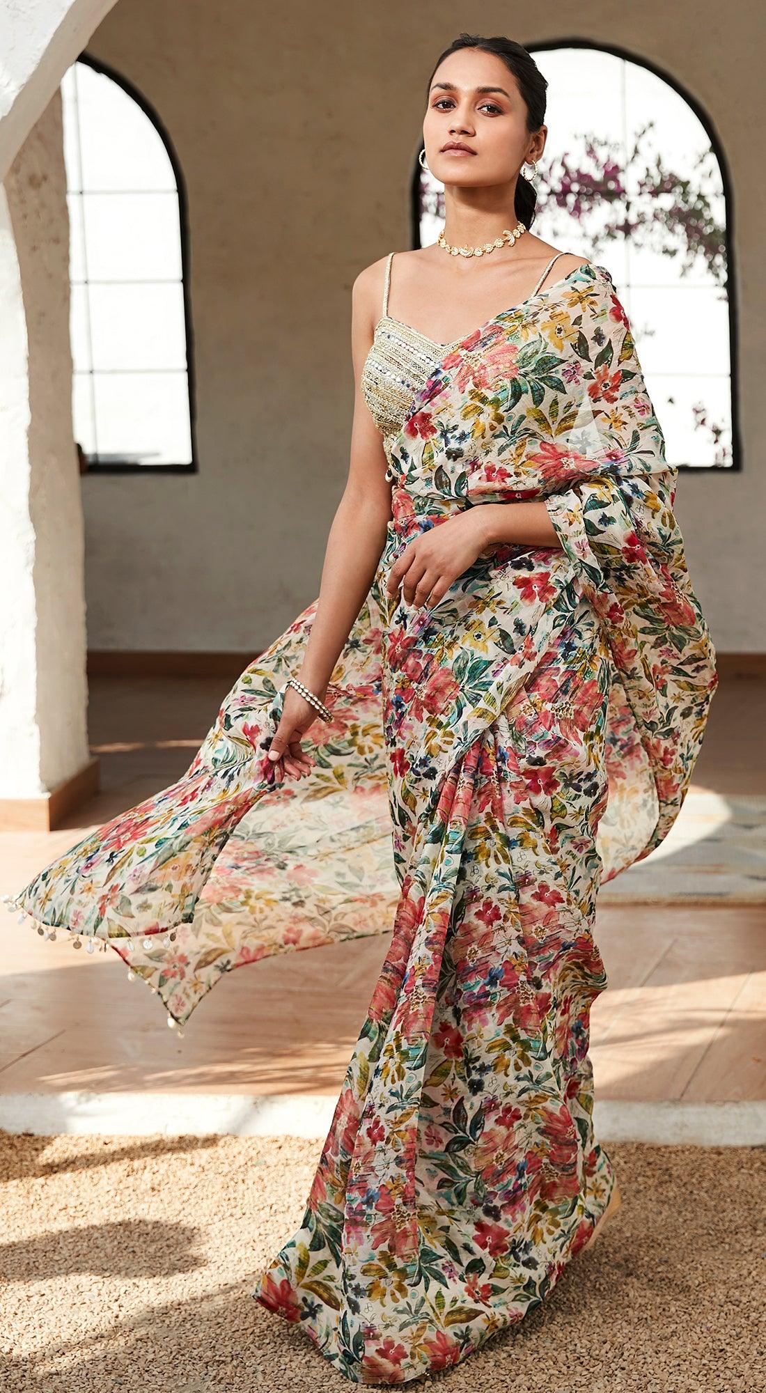 Floral Print Saree - Basanti Kapde aur Koffee