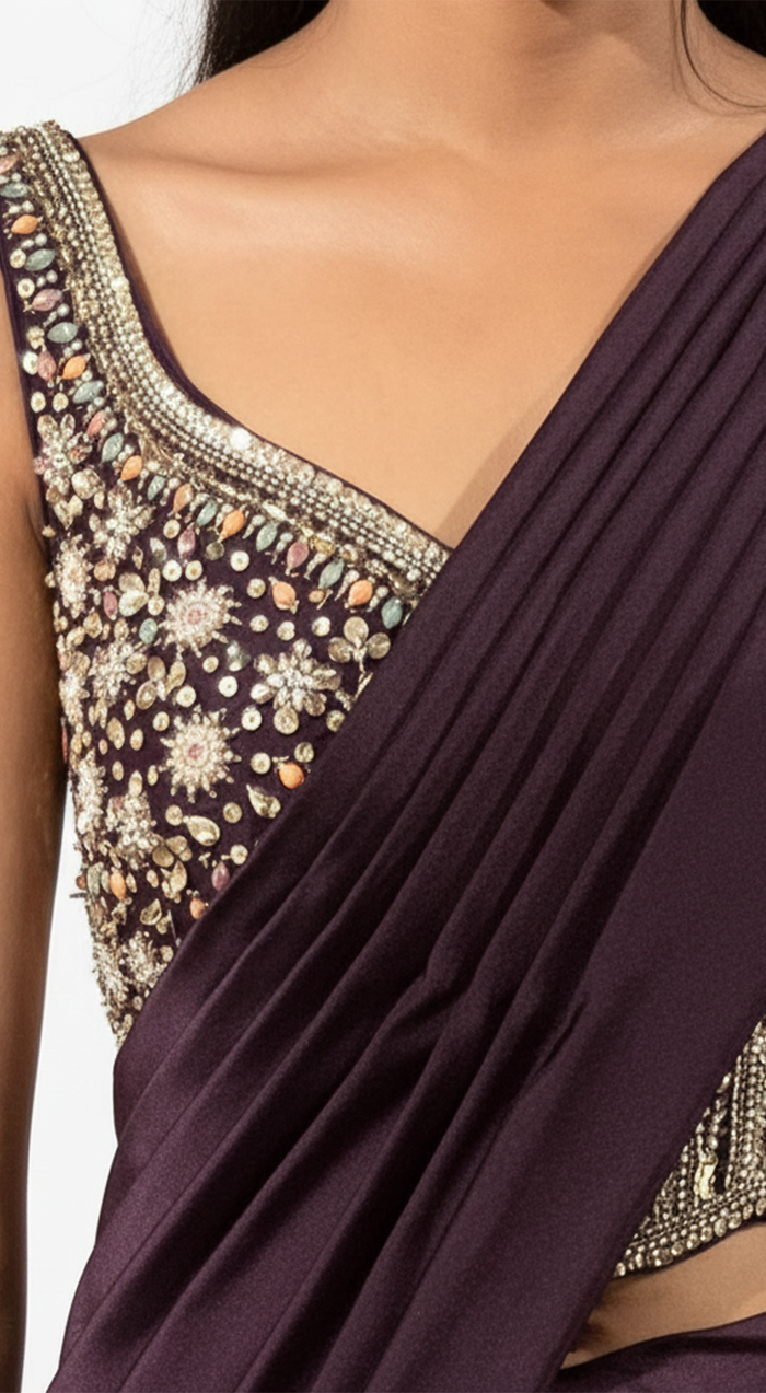 Purple Lycra Embroidered Draped Saree