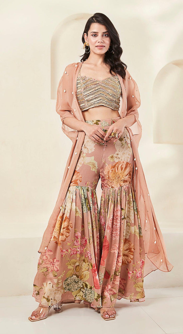 Peach Printed Cape Set - Basanti Kapde aur Koffee