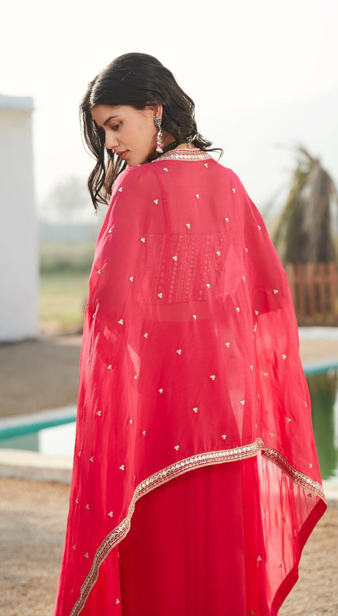 Rani Pink Skirt Set With Cape - Basanti Kapde aur Koffee