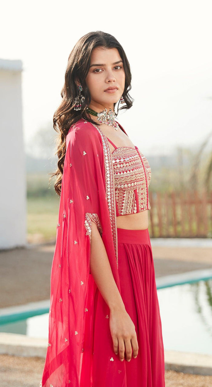 Rani Pink Skirt Set With Cape - Basanti Kapde aur Koffee