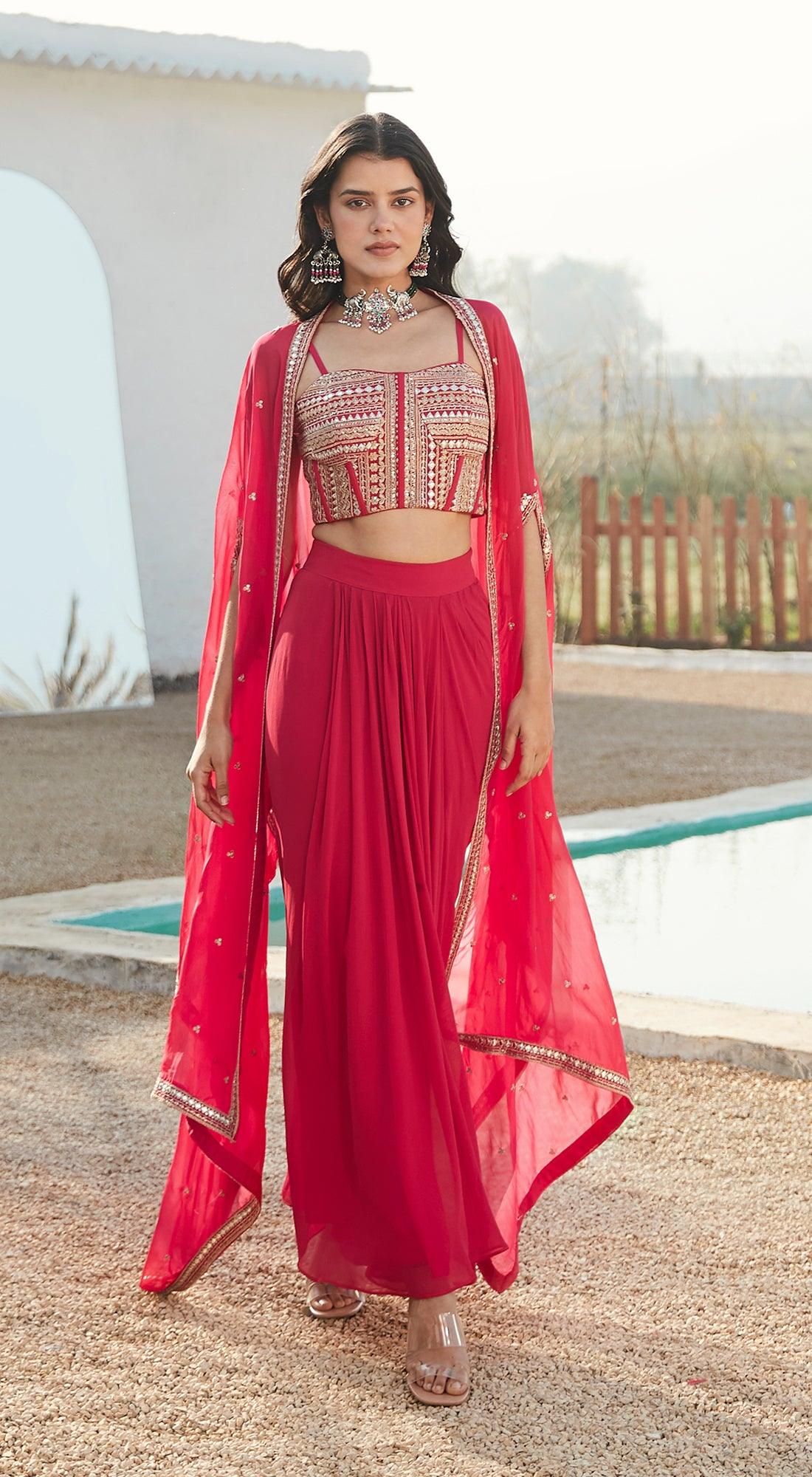 Rani Pink Skirt Set With Cape - Basanti Kapde aur Koffee
