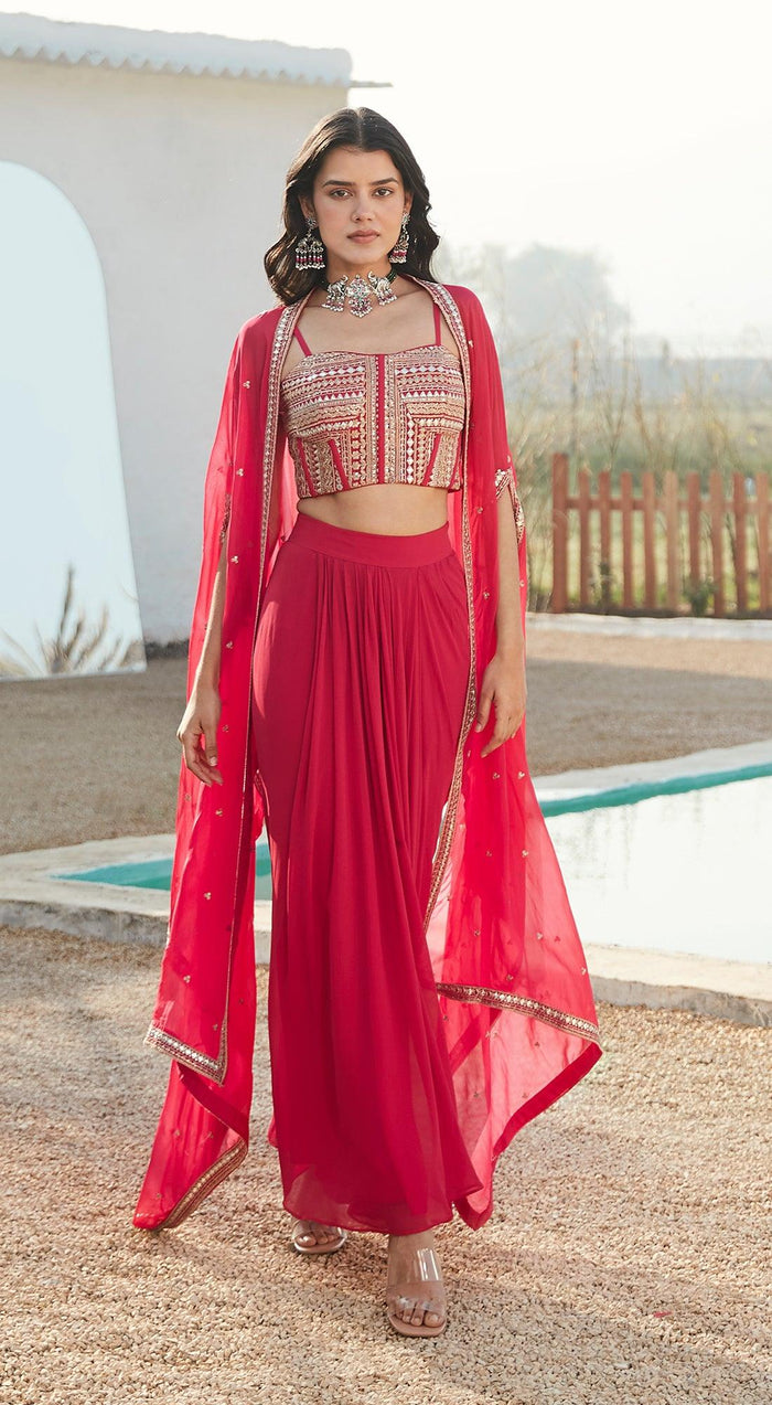 Rani Pink Skirt Set With Cape - Basanti Kapde aur Koffee