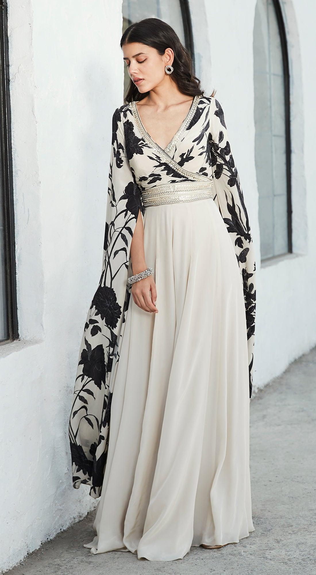 Glamorous Black & White Jumpsuit with Cape Sleeves | – Basanti