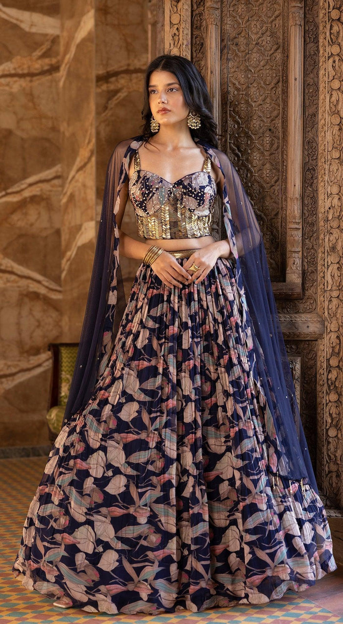 Blue Floral Print Lehenga Set - Basanti Kapde aur Koffee