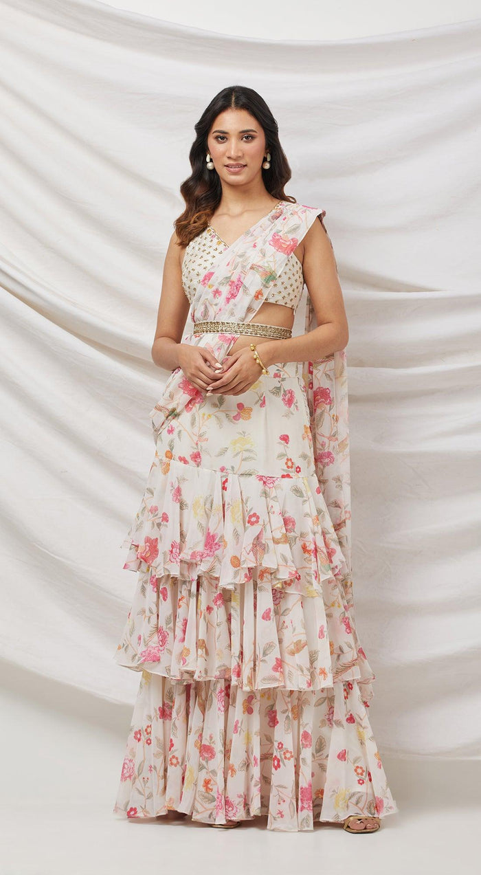 Ivory Printed Pre-Draped Saree Set - Basanti Kapde aur Koffee