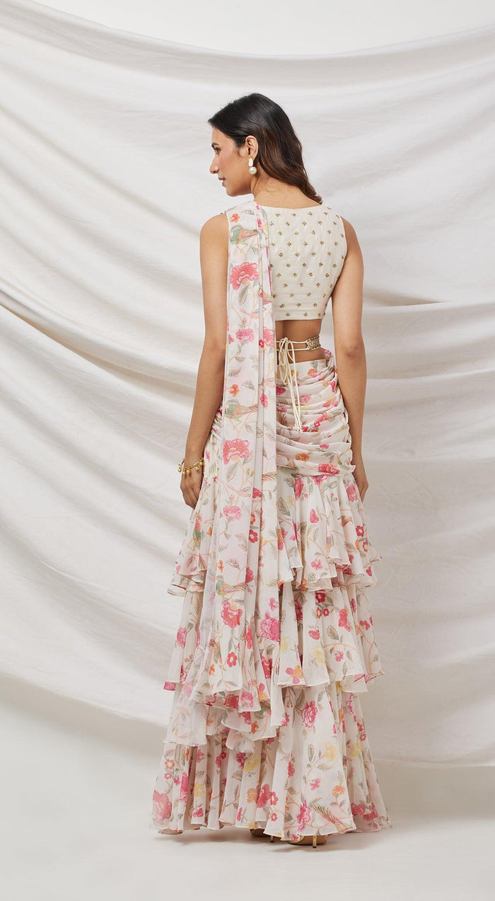 Ivory Printed Pre-Draped Saree Set - Basanti Kapde aur Koffee