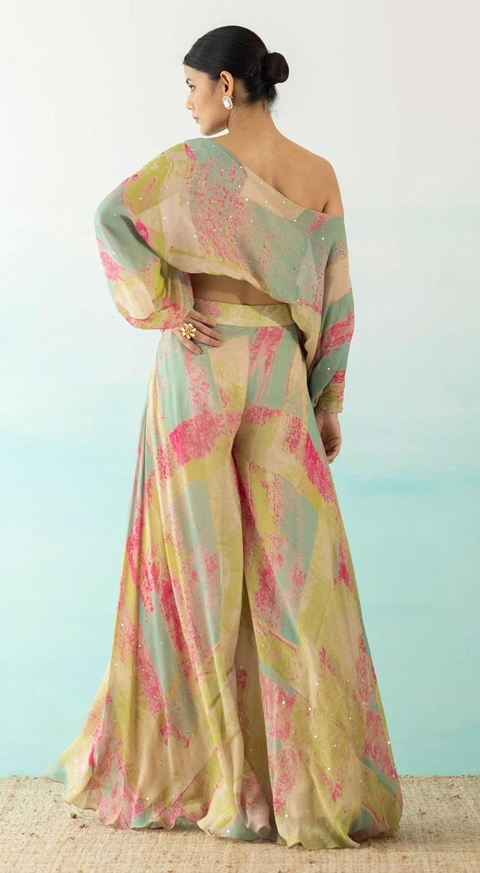 Multicolor One Shoulder Crop Top And Palazzo Set - Basanti Kapde aur Koffee