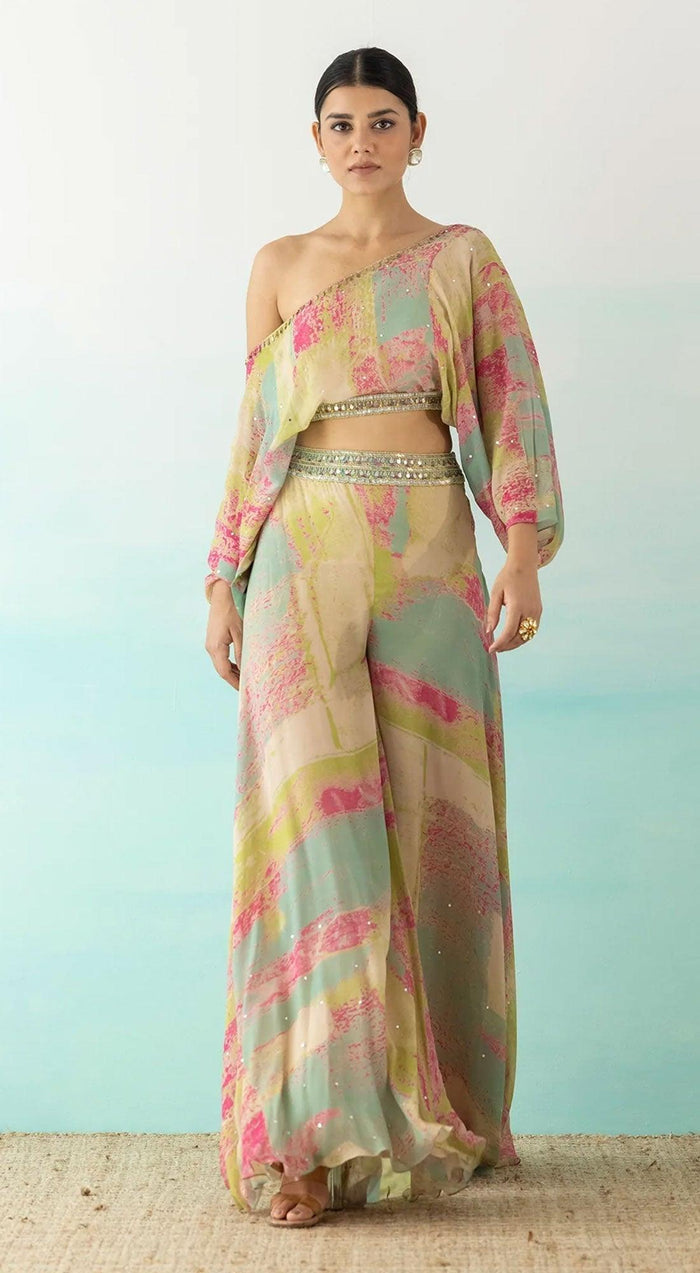 Multicolor One Shoulder Crop Top And Palazzo Set - Basanti Kapde aur Koffee