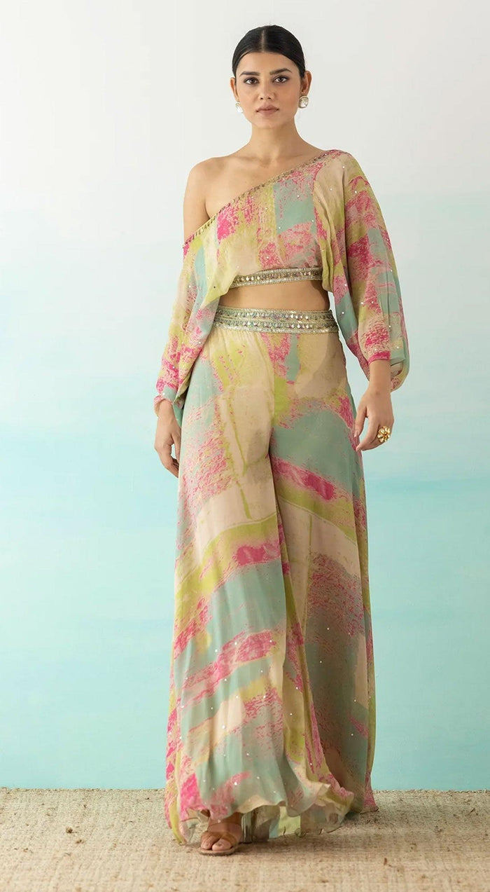 Multicolor One Shoulder Crop Top And Palazzo Set - Basanti Kapde aur Koffee