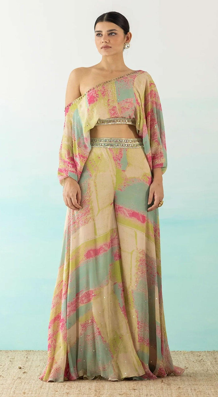 Multicolor One Shoulder Crop Top And Palazzo Set - Basanti Kapde aur Koffee
