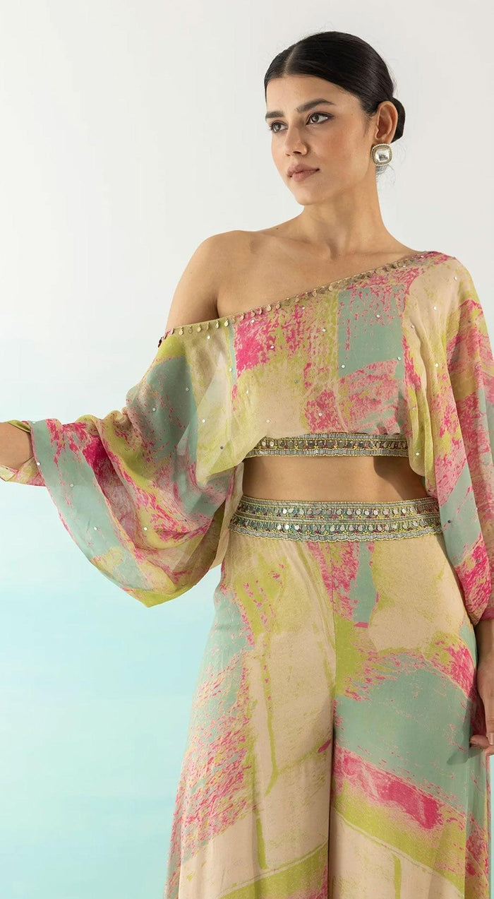 Multicolor One Shoulder Crop Top And Palazzo Set - Basanti Kapde aur Koffee