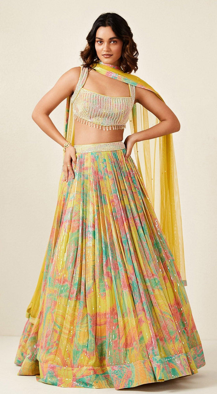 Multicoloured Printed Lehenga Set - Basanti Kapde aur Koffee