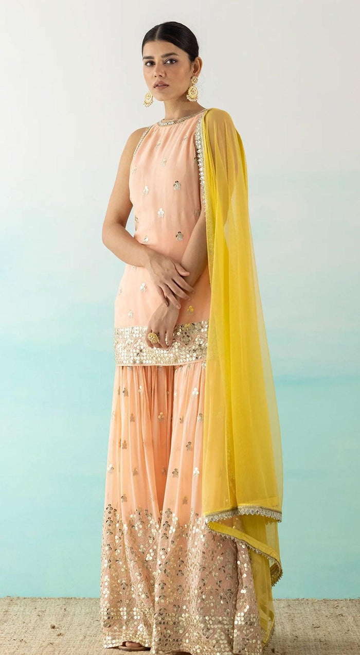 Peach Embroidered Sharara Set With Contrast Dupatta - Basanti Kapde aur Koffee