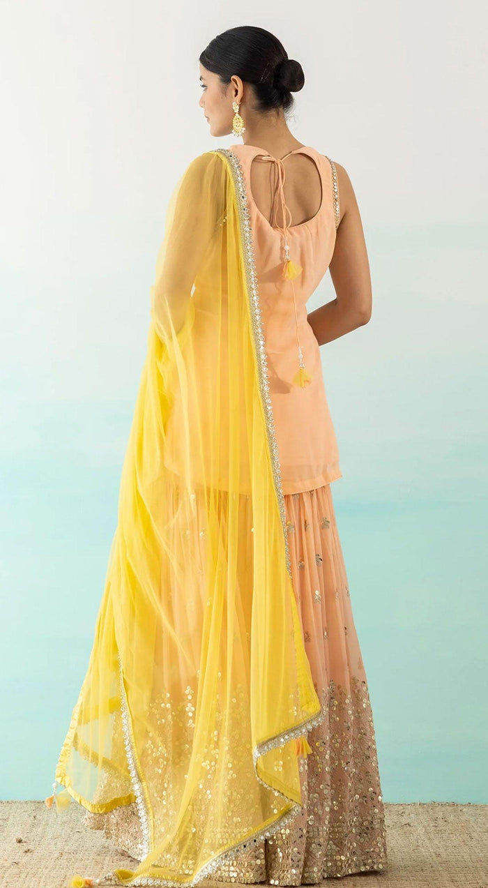 Peach Embroidered Sharara Set With Contrast Dupatta - Basanti Kapde aur Koffee