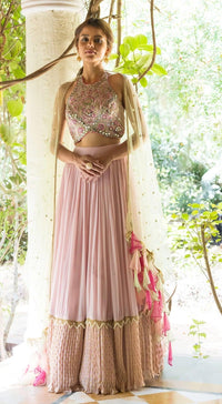 Pink Mirror Work Lehenga Set With Contrasting Green Dupatta - Basanti Kapde aur Koffee