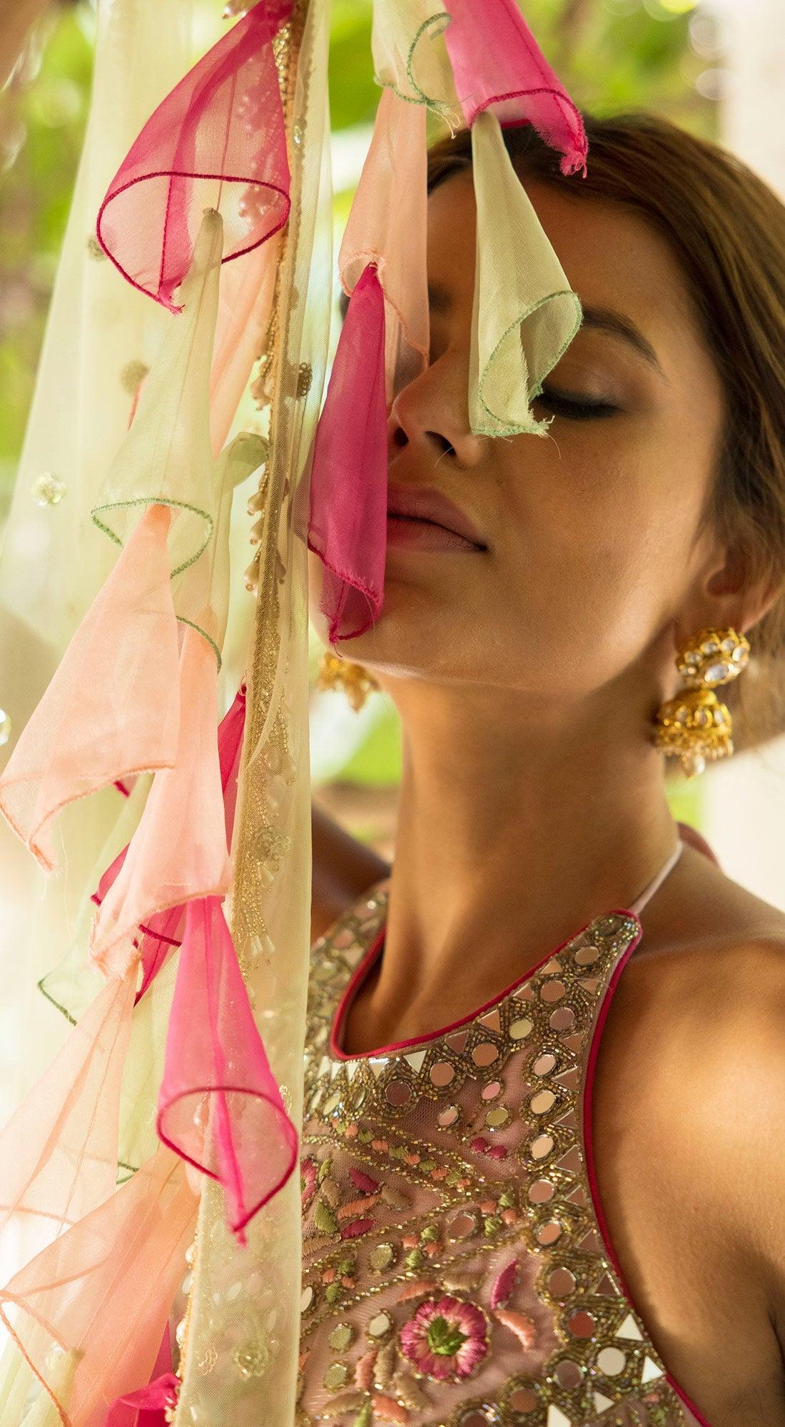 Pink Mirror Work Lehenga Set With Contrasting Green Dupatta - Basanti Kapde aur Koffee