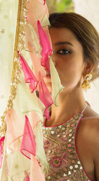 Pink Mirror Work Lehenga Set With Contrasting Green Dupatta - Basanti Kapde aur Koffee