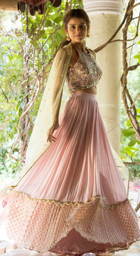 Pink Mirror Work Lehenga Set With Contrasting Green Dupatta - Basanti Kapde aur Koffee