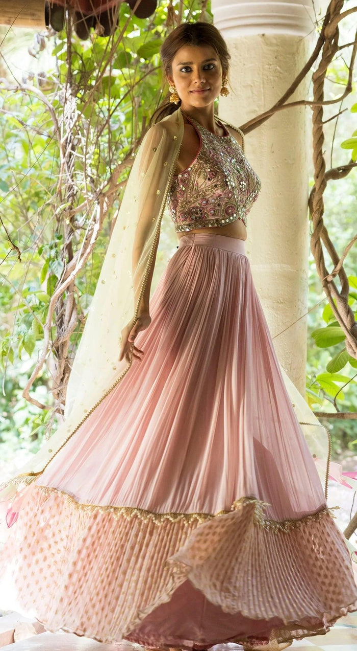 Pink Mirror Work Lehenga Set With Contrasting Green Dupatta - Basanti Kapde aur Koffee