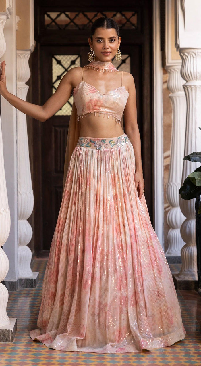 Pink Sequins Print & Embroidered Lehenga Set - Basanti Kapde aur Koffee