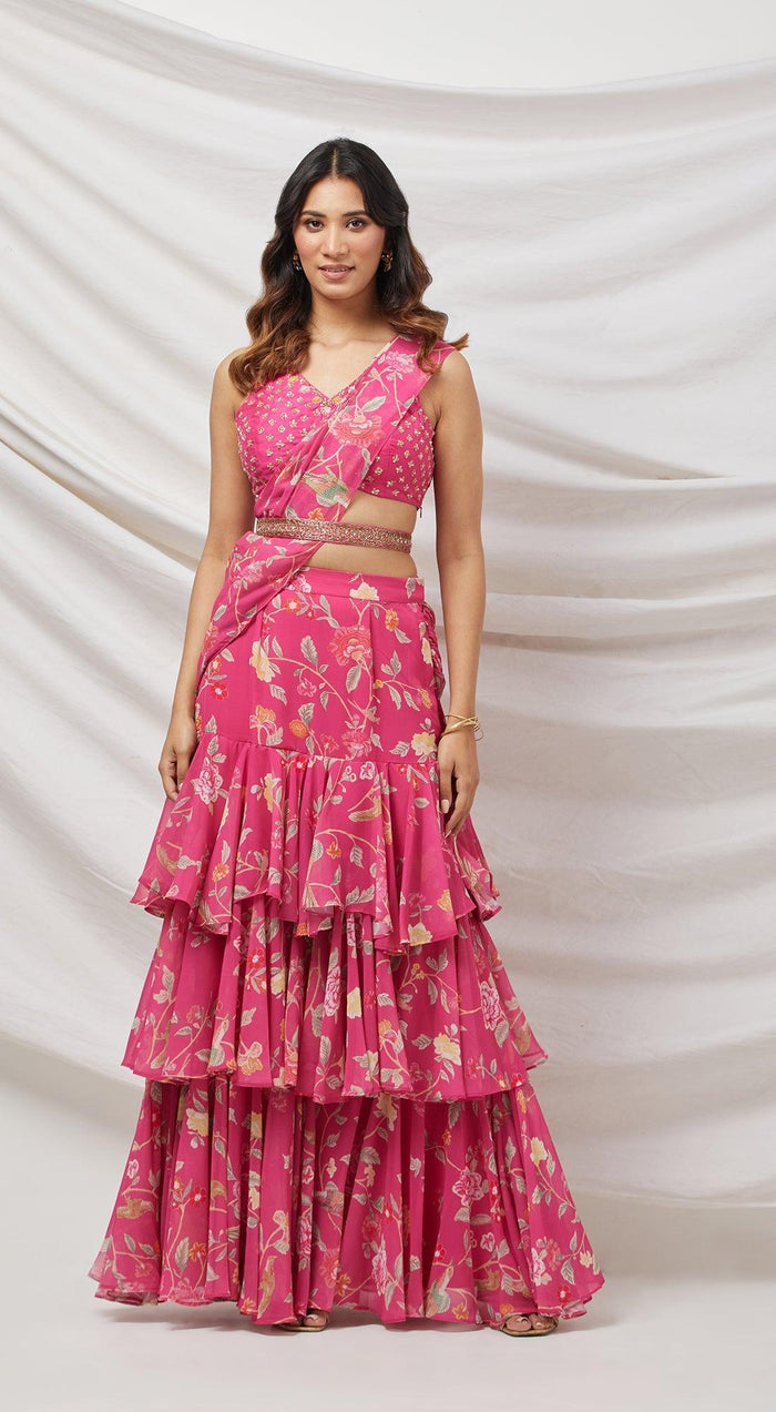 Rani Pink Pre-Draped Saree - Basanti Kapde aur Koffee