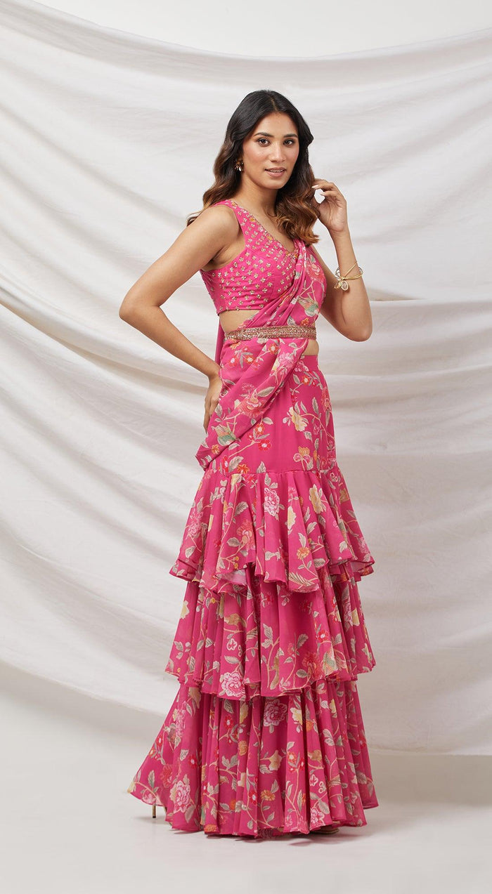 Rani Pink Pre-Draped Saree - Basanti Kapde aur Koffee