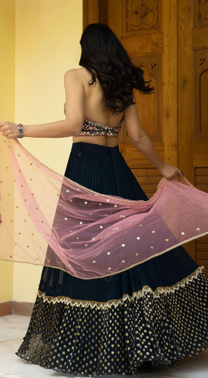 Teal blue mirror embroidered lehenga set - Basanti Kapde aur Koffee