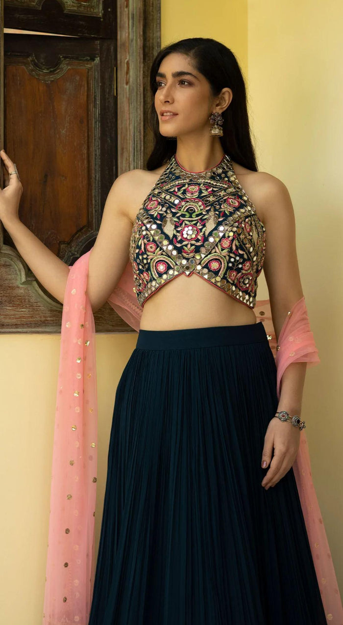 Teal blue mirror embroidered lehenga set - Basanti Kapde aur Koffee