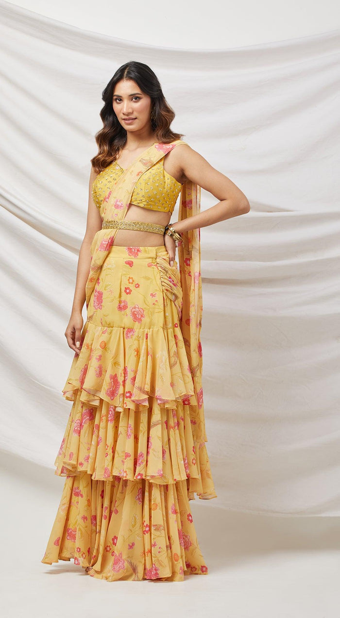 Yellow Embroidered Draped Saree Set - Basanti Kapde aur Koffee
