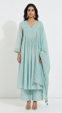 Aqua Cotton Embroidered Anarkali Kurta Set