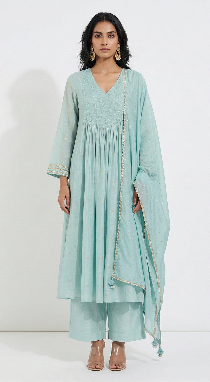 Aqua Cotton Embroidered Anarkali Kurta Set