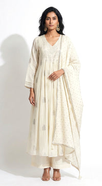 Ivory Cotton Embroidered Anarkali Kurta Set