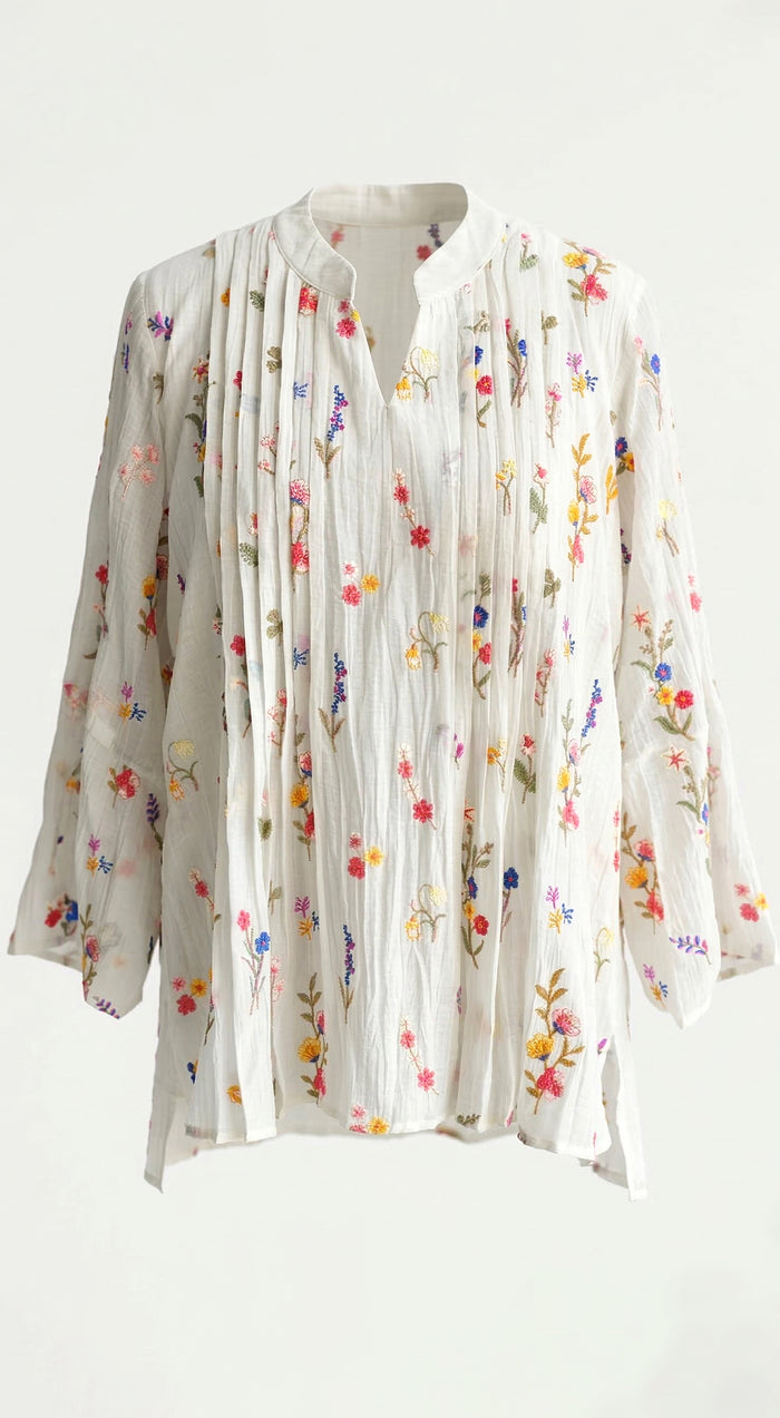 Ivory Mul Chanderi Floral Textured Tunic