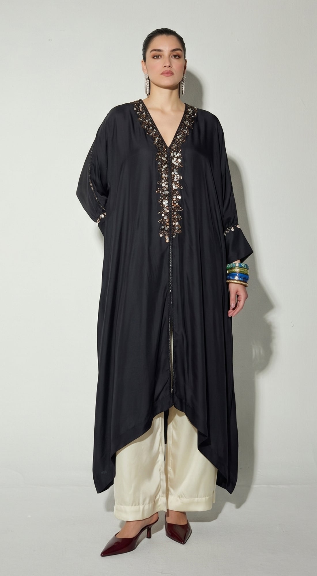 Black Satin Embroidered Kaftan Set
