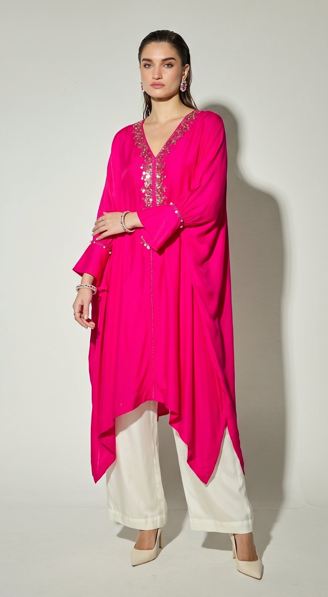 Rani-Pink Satin Embroidered Kaftan Set