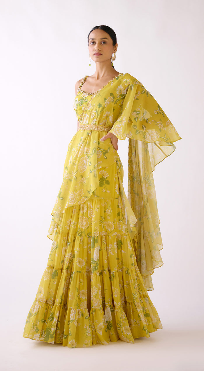 Yellow Embellished Floral Draped Saree