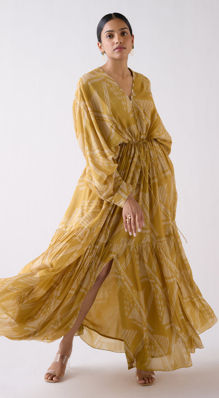 Mustard Muslin Abstract Print Dress
