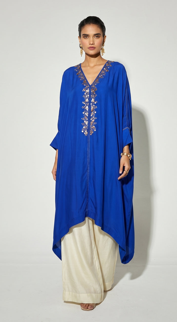 Blue Satin Embroidered Kaftan Set